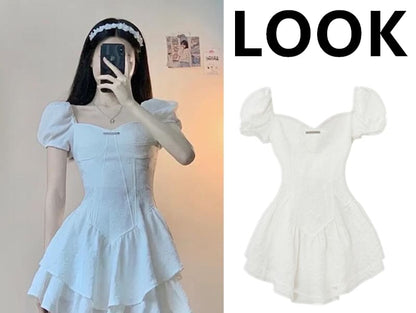 Set: Puff-Sleeve Sweetheart Peplum Top + Ruffled Mini Skirt