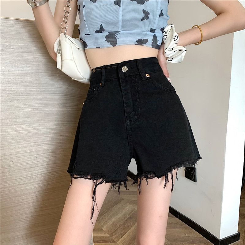 [S] Fray Hem High Waist Denim Shorts