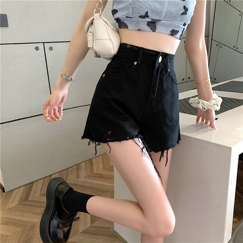 [S] Fray Hem High Waist Denim Shorts