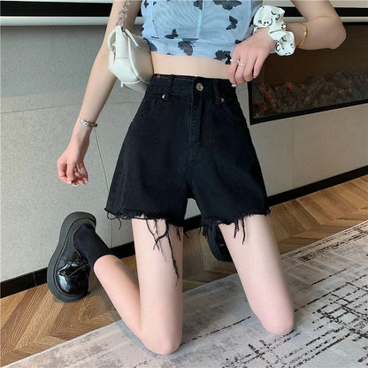 [S] Fray Hem High Waist Denim Shorts