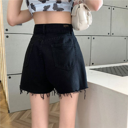 [S] Fray Hem High Waist Denim Shorts