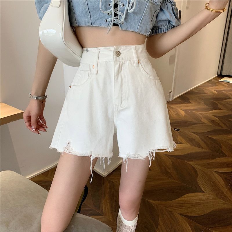 [S] Fray Hem High Waist Denim Shorts