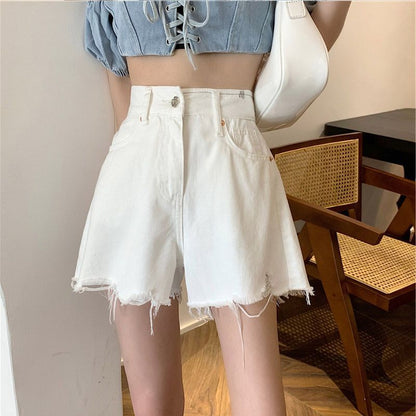 [S] Fray Hem High Waist Denim Shorts