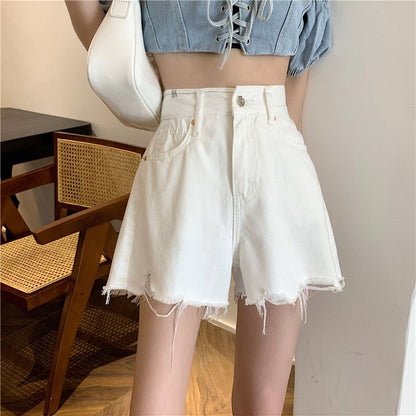 [S] Fray Hem High Waist Denim Shorts