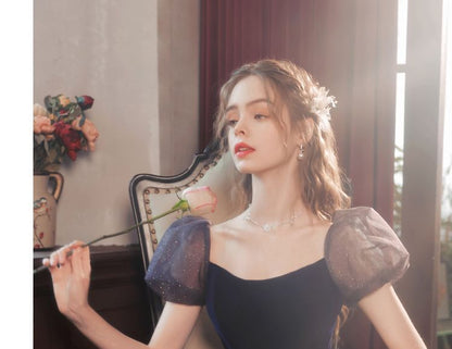 Short-Sleeve Glitter Mesh Evening Gown