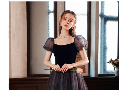 Short-Sleeve Glitter Mesh Evening Gown