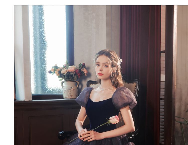 Short-Sleeve Glitter Mesh Evening Gown