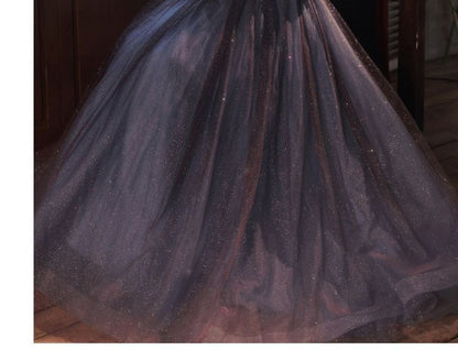 Short-Sleeve Glitter Mesh Evening Gown