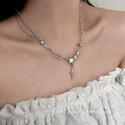 Stainless Star Rhinestone Necklace Pendant Moonstone Steel