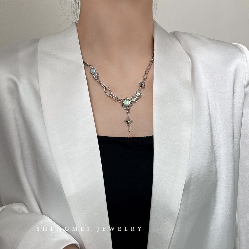 Stainless Star Rhinestone Necklace Pendant Moonstone Steel