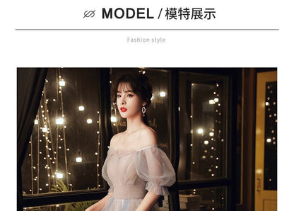 Short-Sleeve Mesh A-Line Evening Gown