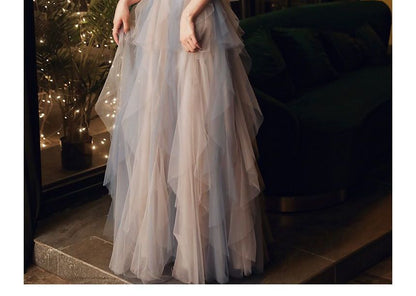 Short-Sleeve Mesh A-Line Evening Gown