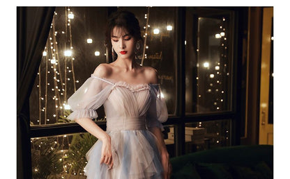 Short-Sleeve Mesh A-Line Evening Gown