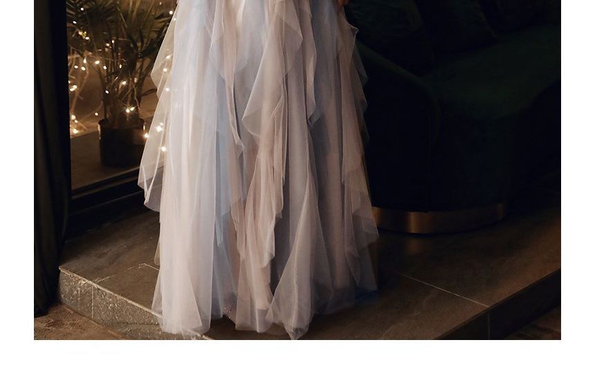 Short-Sleeve Mesh A-Line Evening Gown