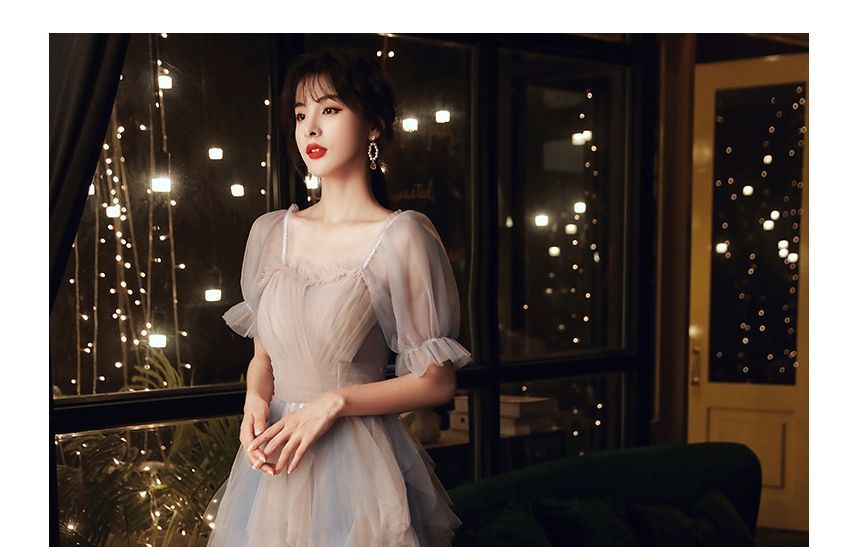 Short-Sleeve Mesh A-Line Evening Gown