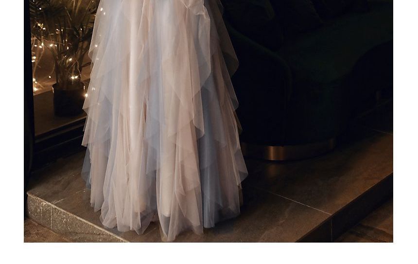 Short-Sleeve Mesh A-Line Evening Gown