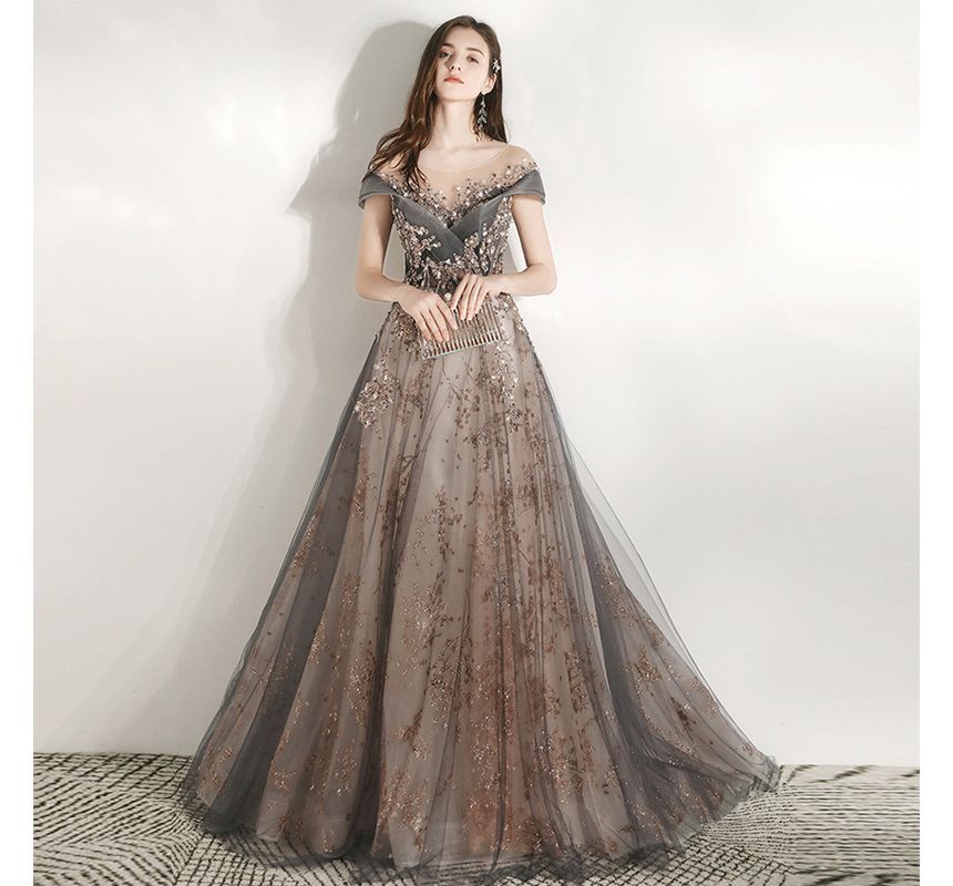 Short-Sleeve Sequined A-Line Evening Gown