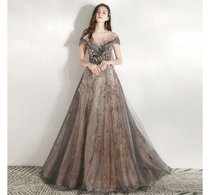 Short-Sleeve Sequined A-Line Evening Gown