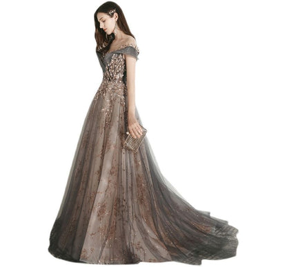 Short-Sleeve Sequined A-Line Evening Gown