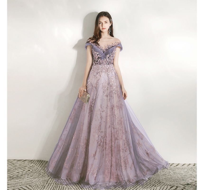 Short-Sleeve Sequined A-Line Evening Gown