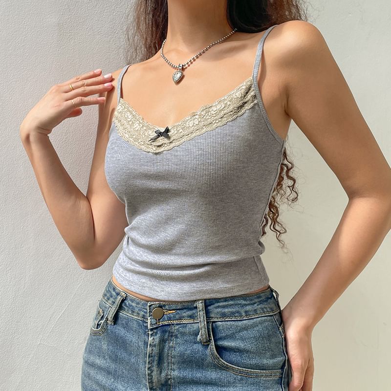 Cropped V-Neck Camisole with Lace Accent