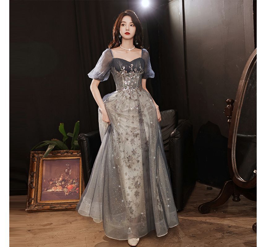 Short-Sleeve Sequin Mesh A-Line Evening Gown