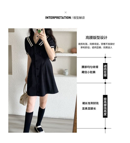 Short-Sleeve Sailor Collar Button-Up Mini A-Line Shirt Dress