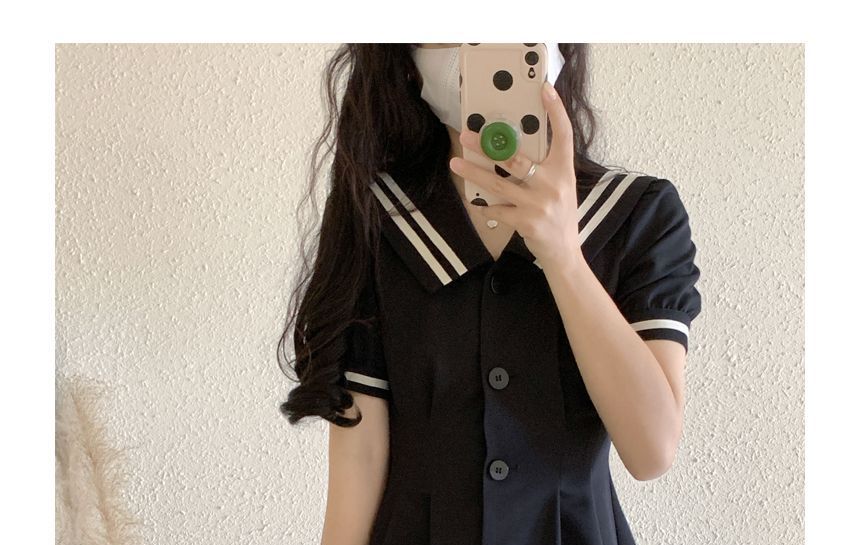 Short-Sleeve Sailor Collar Button-Up Mini A-Line Shirt Dress