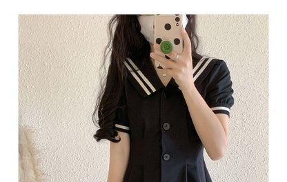 Short-Sleeve Sailor Collar Button-Up Mini A-Line Shirt Dress