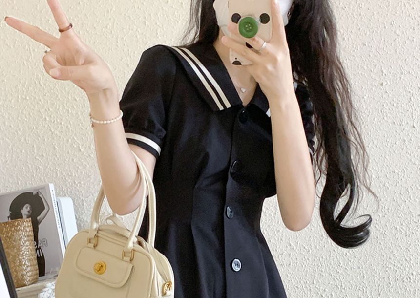 Short-Sleeve Sailor Collar Button-Up Mini A-Line Shirt Dress