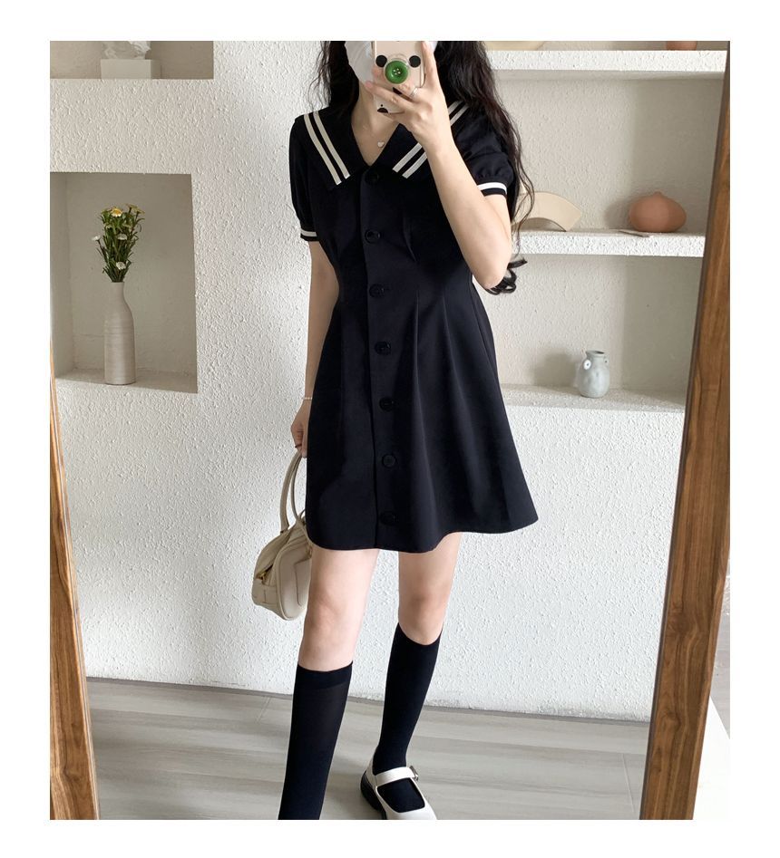 Short-Sleeve Sailor Collar Button-Up Mini A-Line Shirt Dress