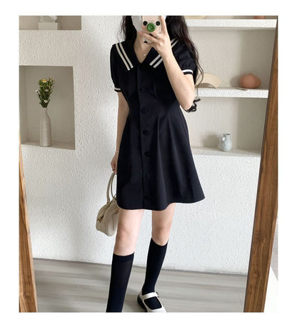 Short-Sleeve Sailor Collar Button-Up Mini A-Line Shirt Dress