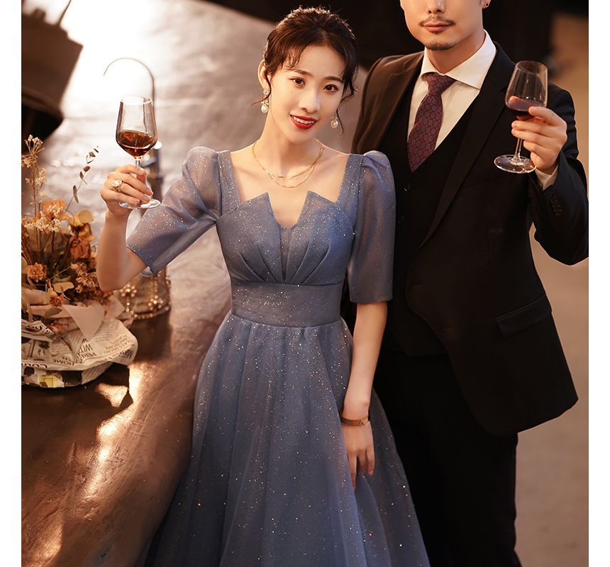 Short-Sleeve Notched Mesh A-Line Evening Gown