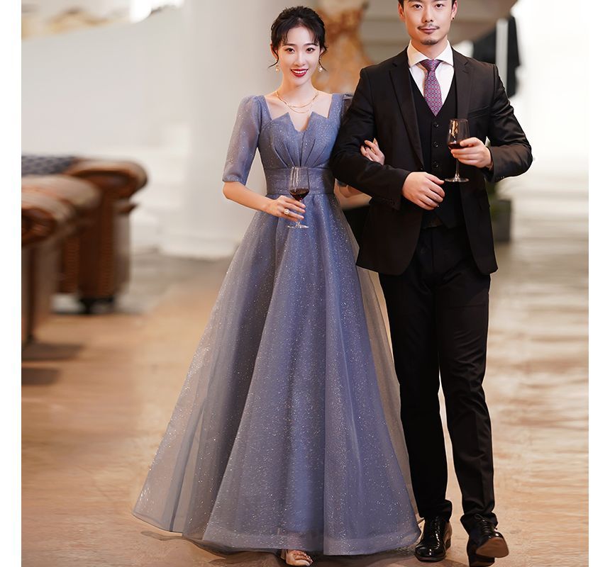 Short-Sleeve Notched Mesh A-Line Evening Gown