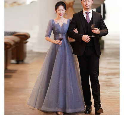 Short-Sleeve Notched Mesh A-Line Evening Gown