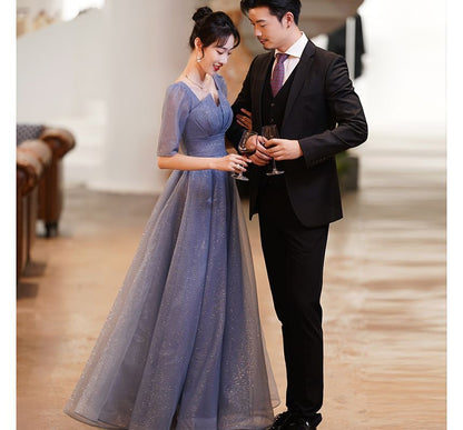 Short-Sleeve Notched Mesh A-Line Evening Gown