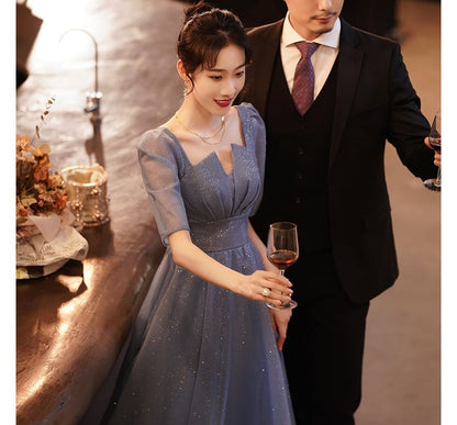 Short-Sleeve Notched Mesh A-Line Evening Gown