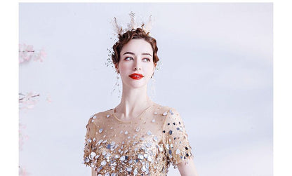 Short-Sleeve Crew Neck Sequin Mesh A-Line Evening Gown