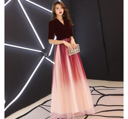 Short-Sleeve V-Neck Ombre A-Line Evening Gown