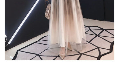 Short-Sleeve V-Neck Ombre A-Line Evening Gown