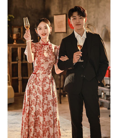 Short-Sleeve Floral Embroidered Bridal Qipao Evening Gown