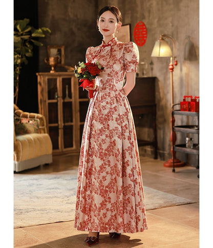 Short-Sleeve Floral Embroidered Bridal Qipao Evening Gown