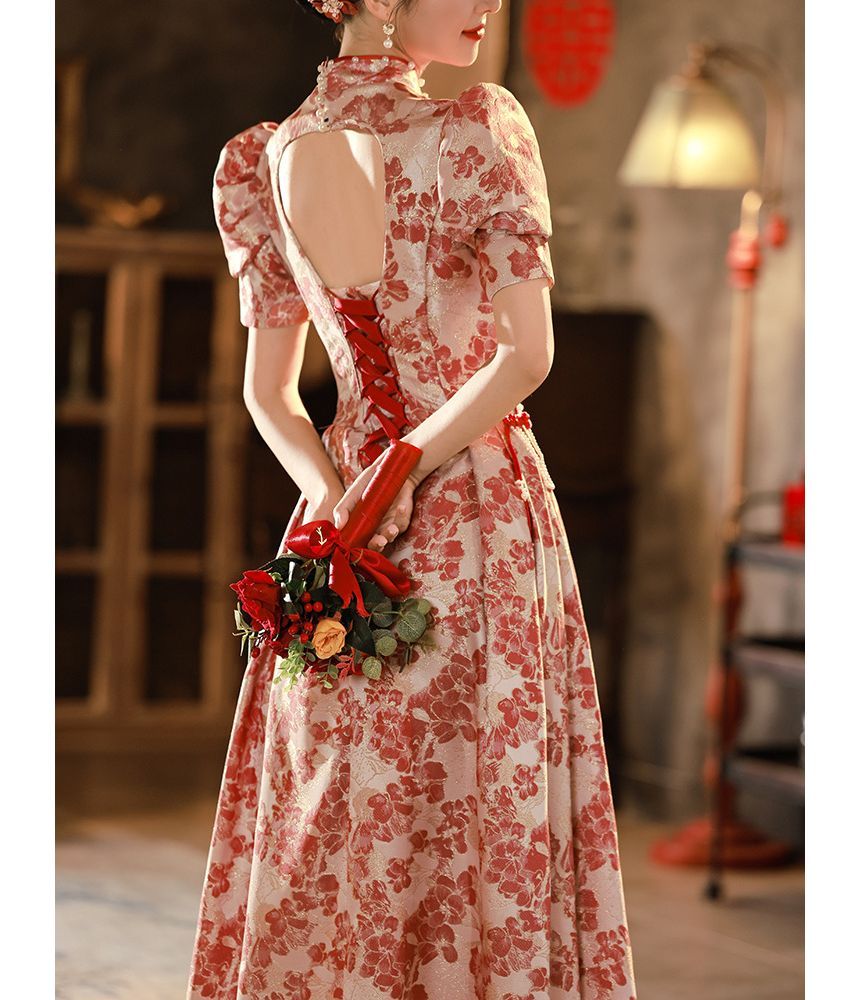Short-Sleeve Floral Embroidered Bridal Qipao Evening Gown
