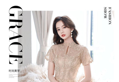 Short-Sleeve Mock Neck Flower Embroidered Faux Pearl A-Line Cocktail Dress / Evening Gown