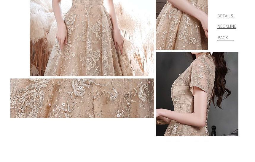 Short-Sleeve Mock Neck Flower Embroidered Faux Pearl A-Line Cocktail Dress / Evening Gown
