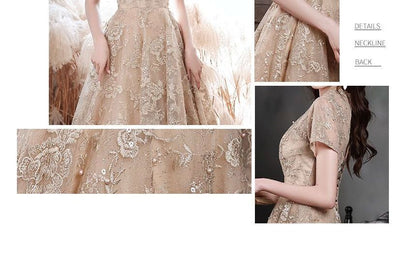 Short-Sleeve Mock Neck Flower Embroidered Faux Pearl A-Line Cocktail Dress / Evening Gown