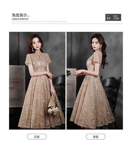 Short-Sleeve Mock Neck Flower Embroidered Faux Pearl A-Line Cocktail Dress / Evening Gown