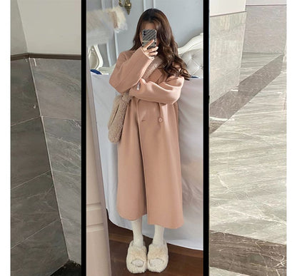 Lapel Collar Plain Double-Breasted Long Coat