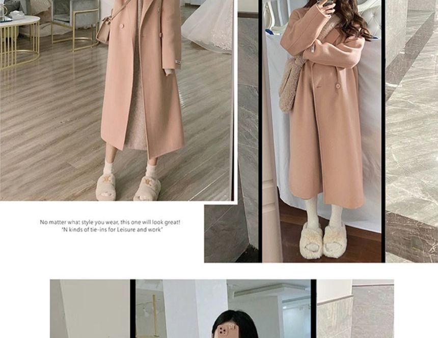 Lapel Collar Plain Double-Breasted Long Coat