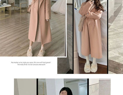 Lapel Collar Plain Double-Breasted Long Coat
